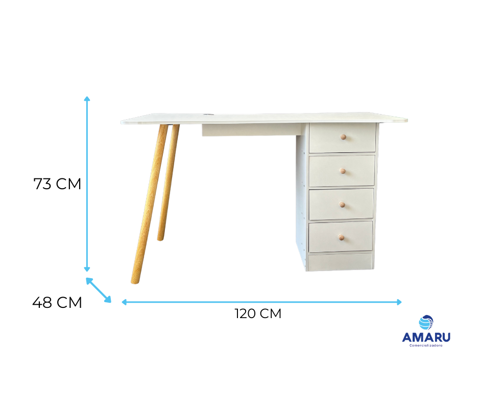 Escritorio Blanco Cálido De 4 Cajones, Moderno Y Minimalista